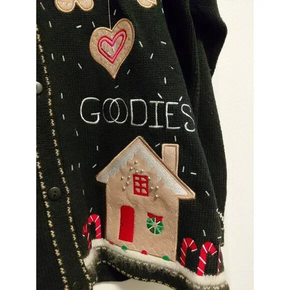 Quacker Factory Vintage Novelty Gingerbread Holiday Cardigan Black 2X - Picture 4 of 8